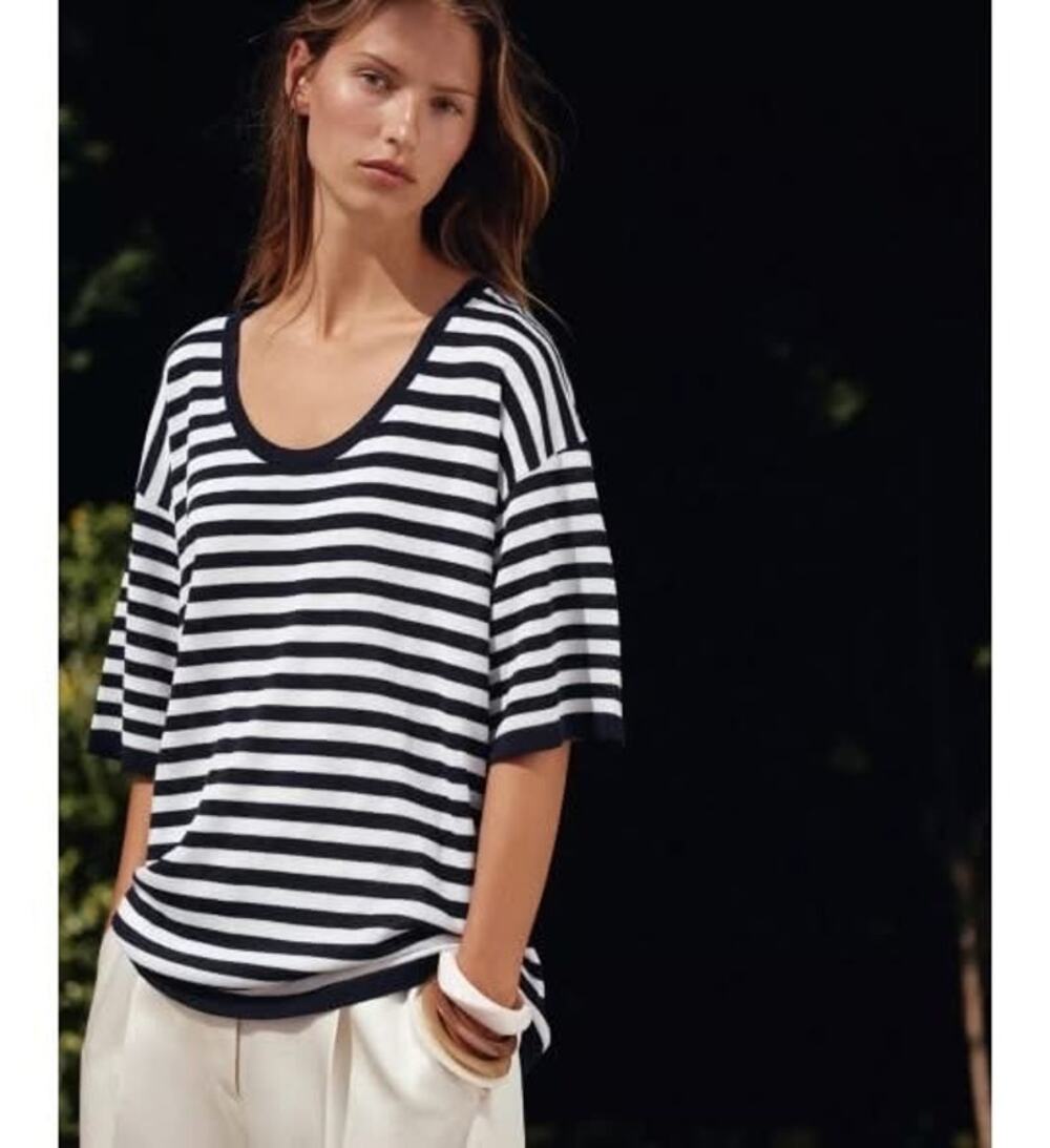 Zara French Striped Scoop Neck Short Sleeve Oversized Linen Blend Tee Size Small